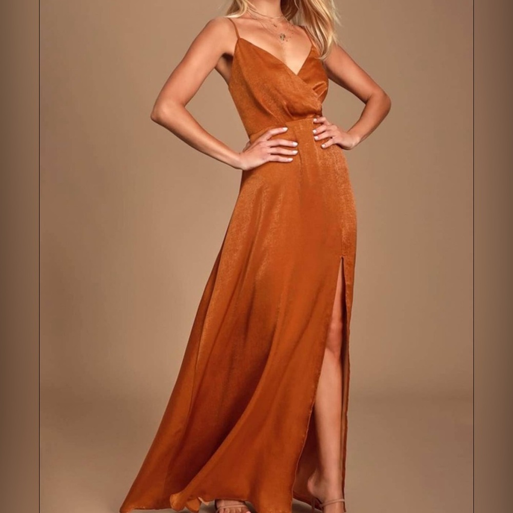 Lulu’s Rust Orange Satin Maxi Dress